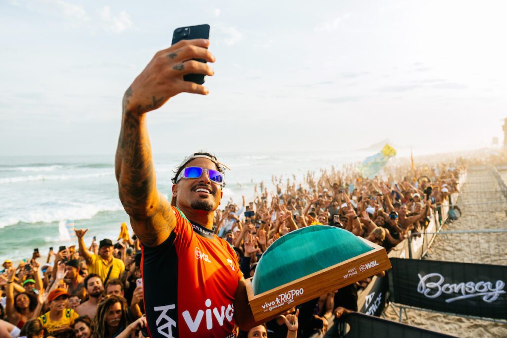 SAQUAREMA, RIO DE JANEIRO, BRAZIL - JUNE 28: WSL Champion Italo Ferreira of Brazil after winning the VIVO Rio Pro on June 28, 2024 at Saquarema, Rio De Janeiro, Brazil. (Photo by Thiago Diz/World Surf League)