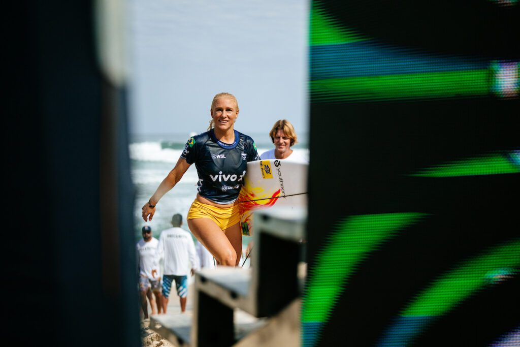 SAQUAREMA, RIO DE JANEIRO, BRAZIL - JUNE 28: Tatiana Weston-Webb of Brazil after surfing in Heat 1 of the Semifinals at the VIVO Rio Pro on June 28, 2024 at Saquarema, Rio De Janeiro, Brazil. (Photo by Thiago Diz/World Surf League)