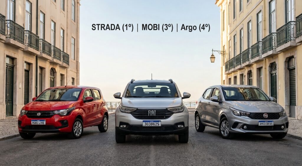 A Fiat Strada Prata Bari, o Mobi Like Vermelho Montecarlo e o Argo Drive Cinza Silverstone estacionados em uma rua de Lisboa, Portugal, com grafismo sutil e profissional no céu 'STRADA (1º) | MOBI (3º) | Argo (4º)'. Logotipo Motores e AÇÃO integrado