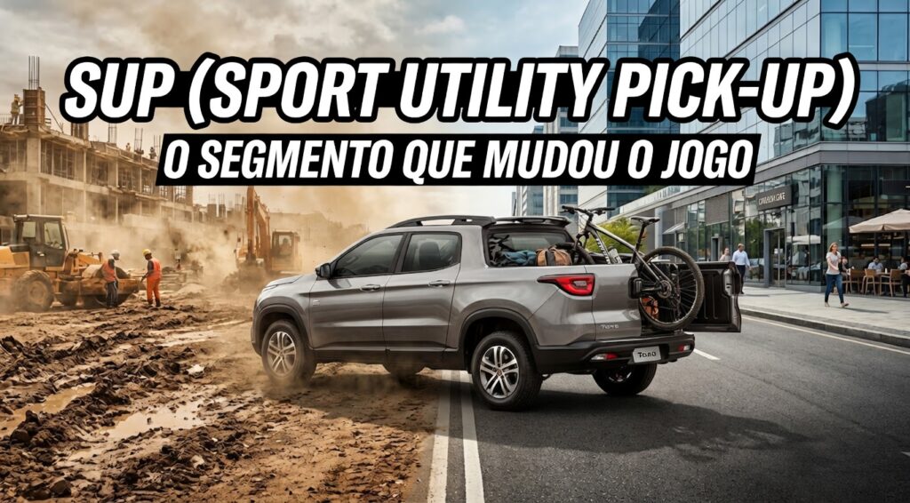 Fotografia de paisagem ultra-ampla capturando um Fiat Toro cinza metálico dividindo uma estrada. O lado esquerdo é um canteiro de obras rústico com lama e equipamentos. O lado direito é uma rua urbana moderna com prédios de vidro. O carro tem a tampa traseira bipartida parcialmente aberta segurando uma bicicleta e bolsas. Texto sobreposto: 'SUP (SPORT UTILITY PICK-UP)' no topo e 'O SEGMENTO QUE MUDOU O JOGO' no centro. Logotipo Motores e AÇÃO integrado.
