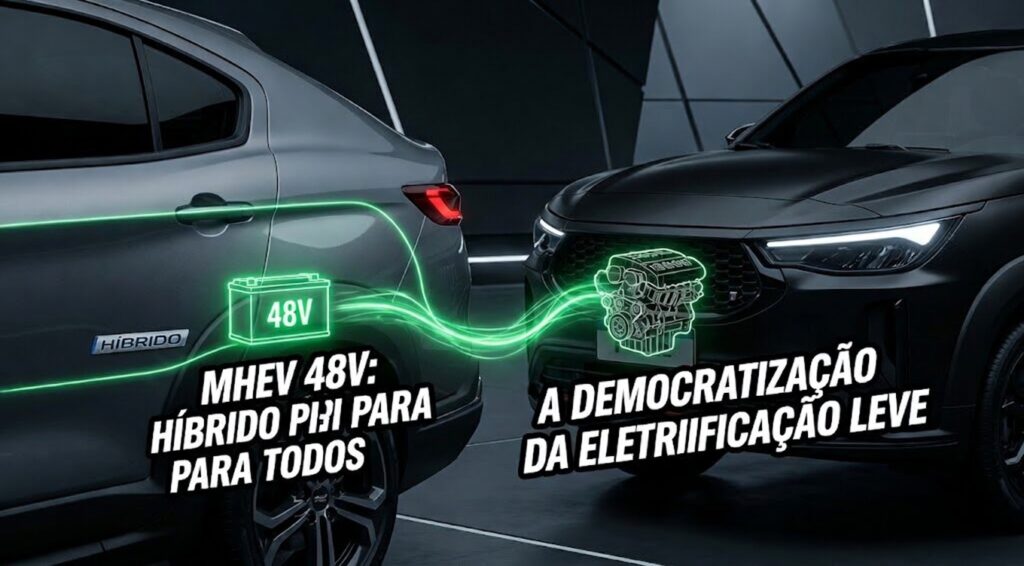 Fotografia cinematográfica abstrata e dramática em estúdio, focando no emblema 'HÍBRIDO' e traseira de um Fastback MHEV cinza escuro e dianteira de um Pulse MHEV preto. Um fluxo de luz neon verde brilhante, simulando energia, origina-se de um gráfico de bateria de 48V e move-se ao longo da carroceria, fundindo-se em um gráfico de motor elétrico. Texto sobreposto: 'MHEV 48V: HÍBRIDO PARA TODOS' próximo à bateria e 'A DEMOCRATIZAÇÃO DA ELETRIFICAÇÃO LEVE' próximo ao motor. Logotipo Motores e AÇÃO integrado.